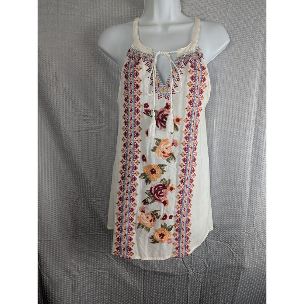 Andree by Unit Womens Ivory Boho Embroidered Floral Tunic Top Size M Sleeveless